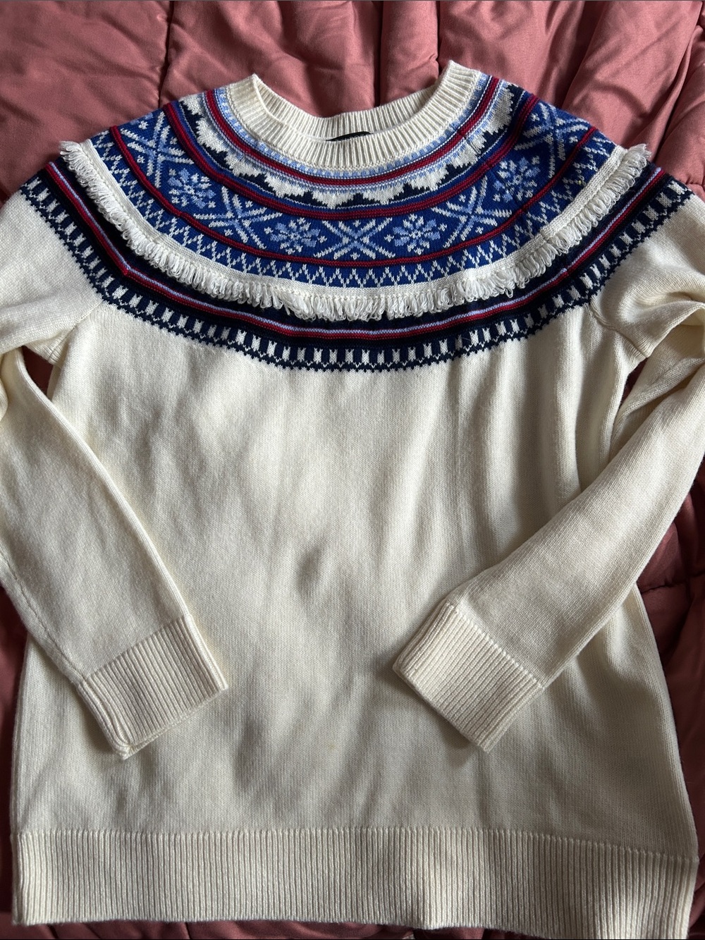 Fair Isle Crewneck Fringe Sweater, Small Petite
